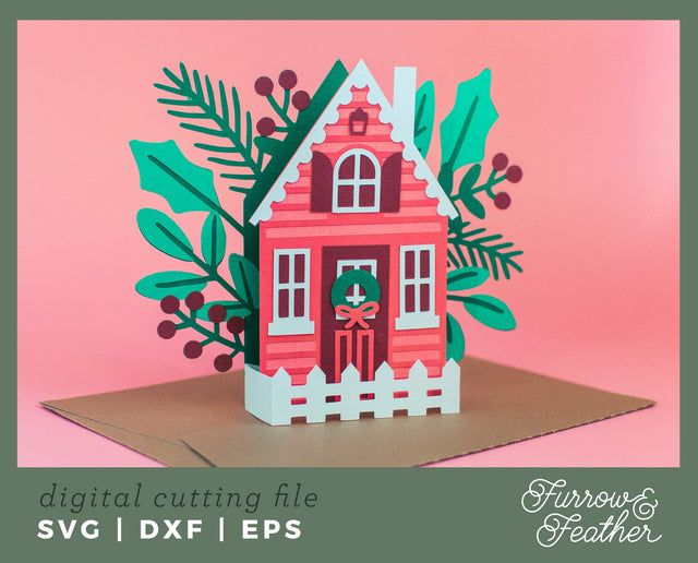 Holiday Cottage Box Card 3D Paper Furrow and Feather SVG 