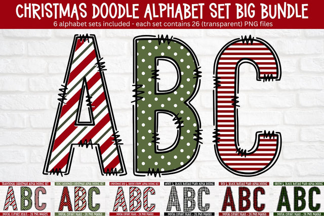 Holiday Doodle Alphabet Bundle - Christmas Stripes, Polka Dots - DIY Crafters, Teachers Sublimation Digital Clipart Deals 