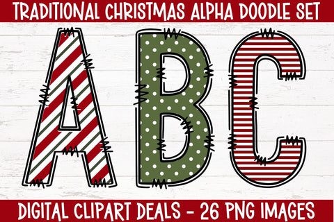 Holiday Doodle Alphabet Bundle - Christmas Stripes, Polka Dots - DIY Crafters, Teachers Sublimation Digital Clipart Deals 
