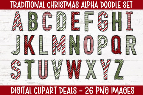 Holiday Doodle Alphabet Bundle - Christmas Stripes, Polka Dots - DIY Crafters, Teachers Sublimation Digital Clipart Deals 