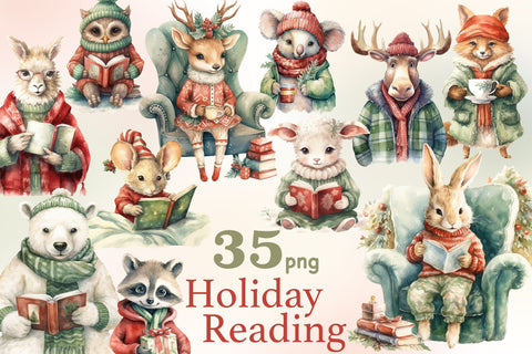 Holiday Reading Animals Clipart | Woodland Illustration PNG SVG GlamArtZhanna 