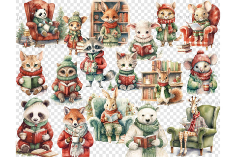 Holiday Reading Animals Clipart | Woodland Illustration PNG SVG GlamArtZhanna 