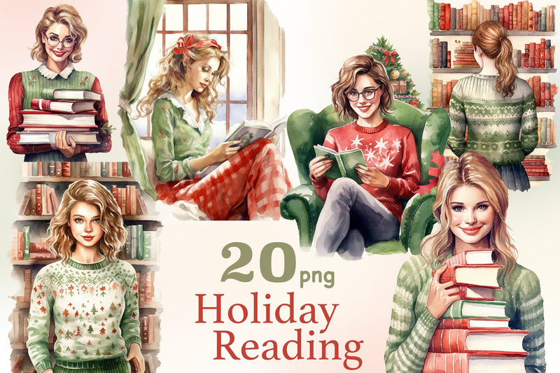 Holiday Reading Girls Clipart | Books Bundle PNG SVG GlamArtZhanna 