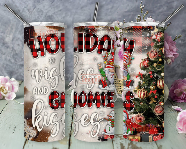 Holiday Wishes And Gnomies Kisses Tumbler Tumbler Png, Christmas Gnome 20oz Skinny Tumbler, Christmas Plaid Tumbler Design, Christmas Sublimation Design, Instant Download Sublimation DesignSVG 