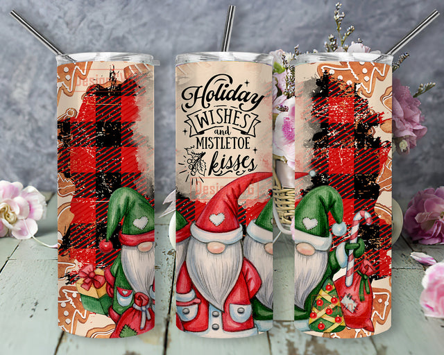 Holiday Wishes And Mistletoe Kisses Design Wrap, Christmas Gnome 20oz Skinny Tumbler, Gingerbread Tumbler Wrap, Christmas Plaid Tumbler Png, Gnome Sublimation Design, Digital Download Sublimation DesignSVG 
