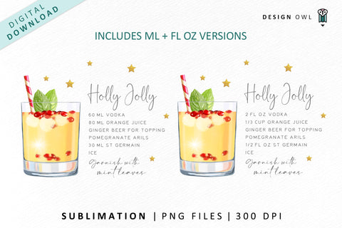 Holly Jolly Christmas Cocktail Recipe Illustration Sublimation Design Owl 