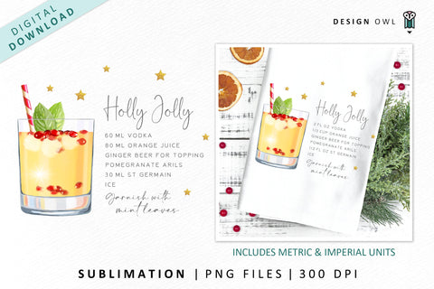 Holly Jolly Christmas Cocktail Recipe Illustration Sublimation Design Owl 