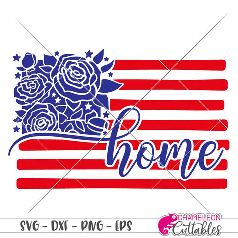 Home America - Flag with Flowers - 4th of July - USA - Patriotic Shirt Design - SVG SVG Chameleon Cuttables 
