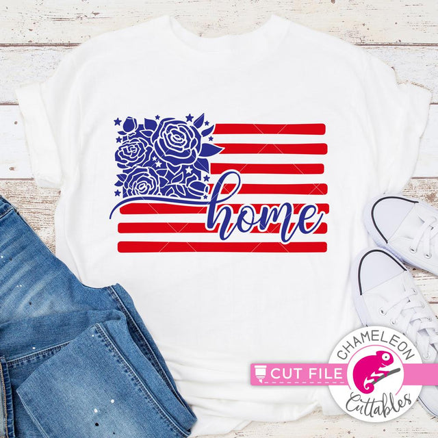 Home America - Flag with Flowers - 4th of July - USA - Patriotic Shirt Design - SVG SVG Chameleon Cuttables 