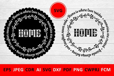Home is where love resides, memories are created, friends always belong, and laughter never ends Family SVG Quote Round frame SVG Zoya Miller 
