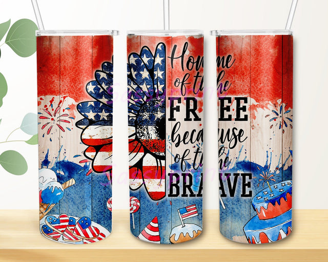 Home Of The Free Because Of The Brave Tumbler Png, American Flag Sunflower Design Png, Patriotic 20oz Skinny Tumbler, 4th of July Tumbler Template, Instant Download Sublimation sassyprint 