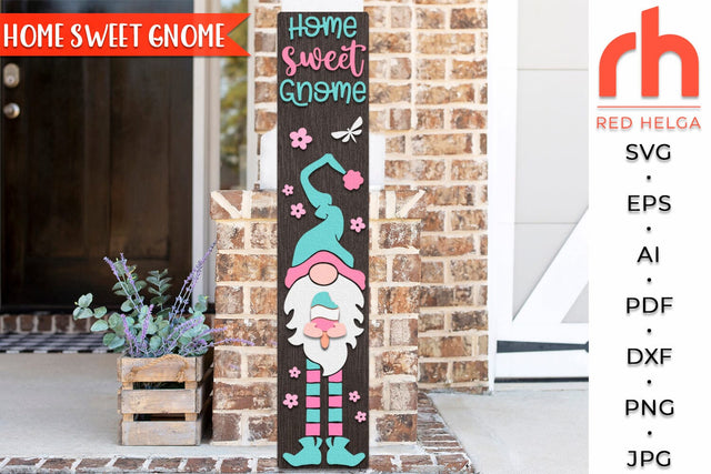 Home Sweet Gnome SVG, Porch Board Cut File, Gnome with Ice Cream DXF, Layered Welcome Sign SVG RedHelgaArt 