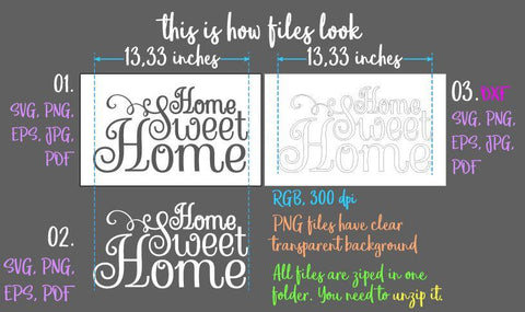 Home Sweet Home Inspirational House Decor Sign SVG DXF PNG PDF JPG SVG Digitals by Hanna 