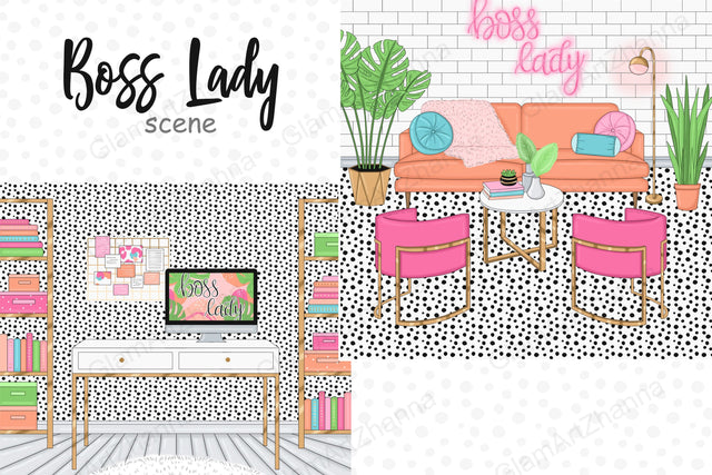 Home Workplace Illustration | Boss Lady Clipart SVG GlamArtZhanna 
