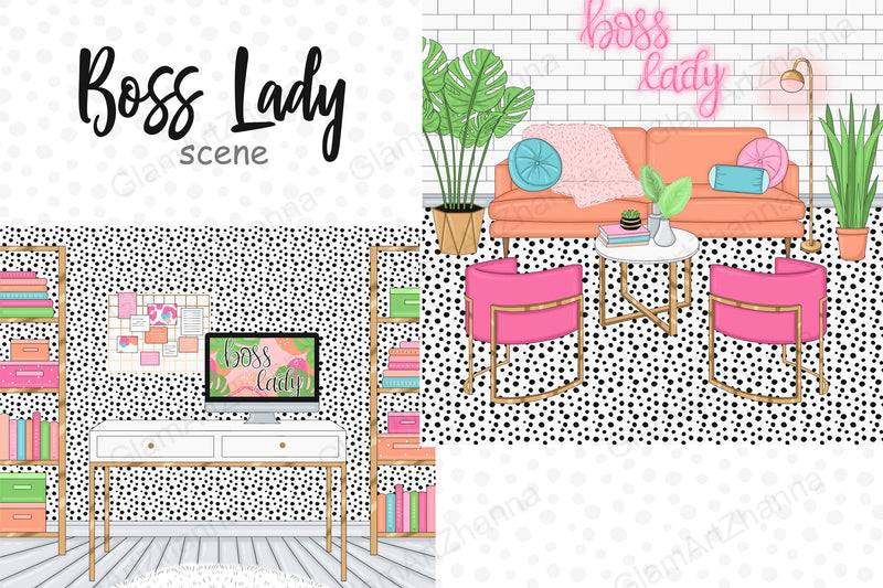 Home Workplace Illustration | Boss Lady Clipart SVG GlamArtZhanna 