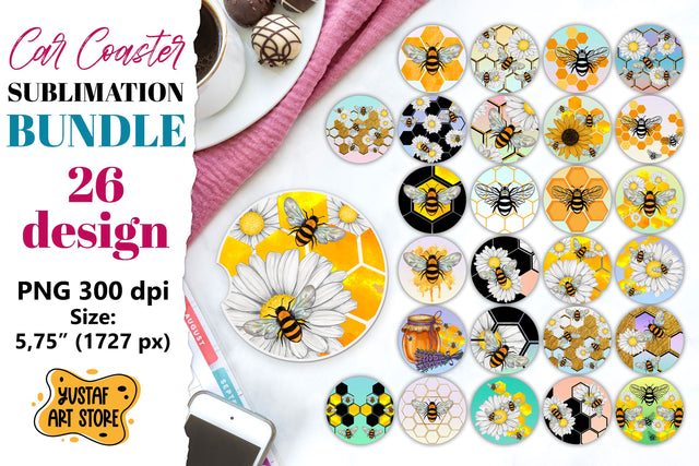 Honey and Bee Car Coaster Sublimation Bundle 26 design Sublimation Yustaf Art Store 