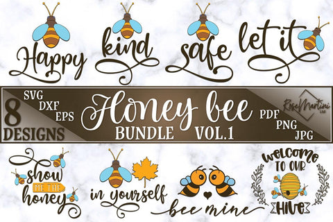 Honey Bee Bundle Vol.1 of 8 designs SVG files for cutting machines - Cricut Silhouette, Sublimation Designs | Bee Pun SVG | Bee Happy | Bee Kind SVG RoseMartiniDesigns 