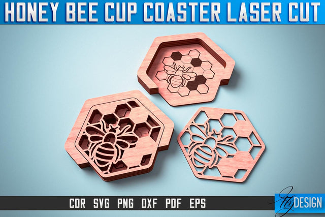 Honey Bee Cup Coasters Laser Cut | Laser Cut SVG Design | CNC Files SVG Fly Design 
