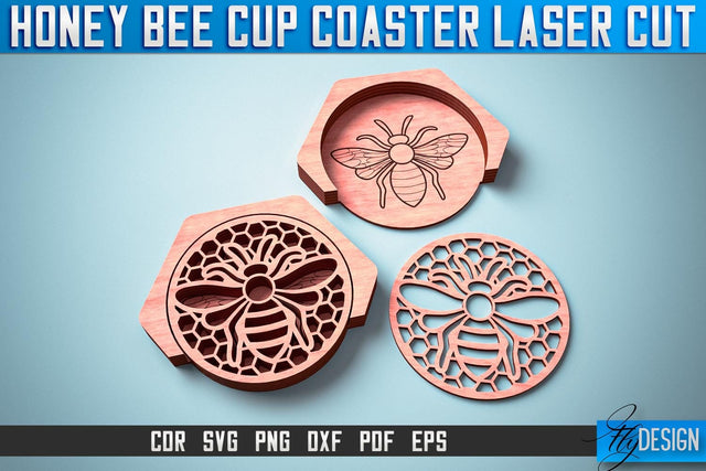 Honey Bee Cup Coasters Laser Cut | Laser Cut SVG Design | CNC Files SVG Fly Design 