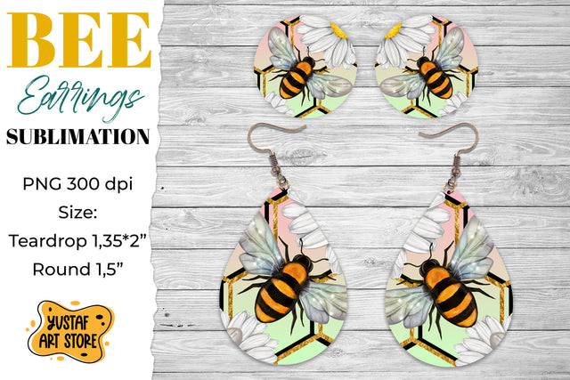 Honey Bee Earrings Sublimation. Teardrop and Round earrings Sublimation Yustaf Art Store 