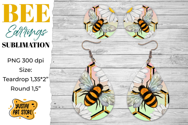 Honey Bee Earrings Sublimation. Teardrop and Round earrings Sublimation Yustaf Art Store 