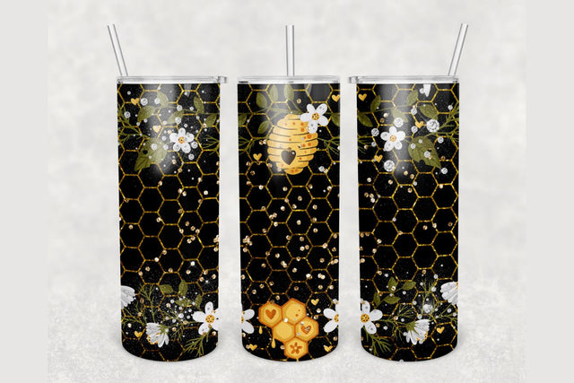Honey Bee Floral Glitter Tumbler sublimation design 20 oz skinny tumbler wrap Sublimation BambinaCreations 