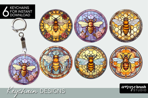 Honey Bee Keychain Bundle, Stained Glass Sublimation PNG Sublimation OrangeBrushStudio 