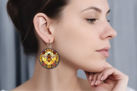 Honey Bee Round Earrings Bundle, Stained Glass Sublimation Sublimation OrangeBrushStudio 