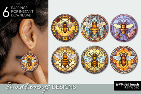 Honey Bee Round Earrings Bundle, Stained Glass Sublimation Sublimation OrangeBrushStudio 