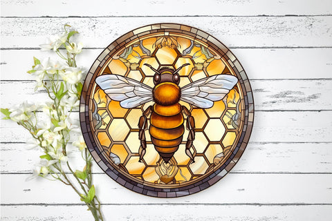 Honey Bee Round Sublimation Stained Glass Background Sublimation OrangeBrushStudio 