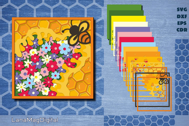 Honey bee with flowers svg Layered honeycomb svg Papercraft 3D Paper LanaMagDigital 
