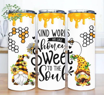 Honey Bee With Sunflower Gnomes 20oz Skinny Tumbler Png, Kind Words Are Like Honey Sweet To The Soul, Gnome Bee Kind Tumbler, Mother's Day Gift Sublimation AdriOP 