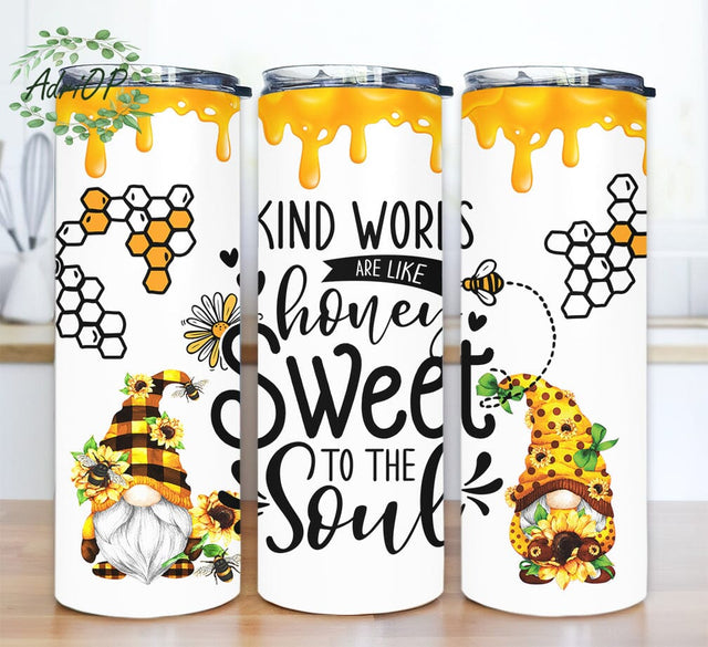 Honey Bee With Sunflower Gnomes 20oz Skinny Tumbler Png, Kind Words Are Like Honey Sweet To The Soul, Gnome Bee Kind Tumbler, Mother's Day Gift Sublimation AdriOP 