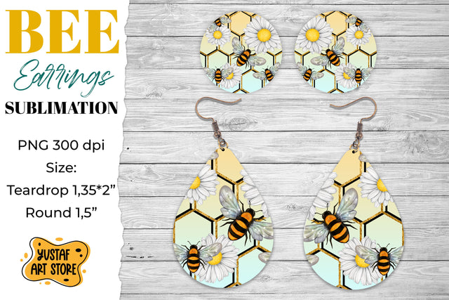 Honey Bees Earrings Sublimation. Teardrop and Round earrings Sublimation Yustaf Art Store 