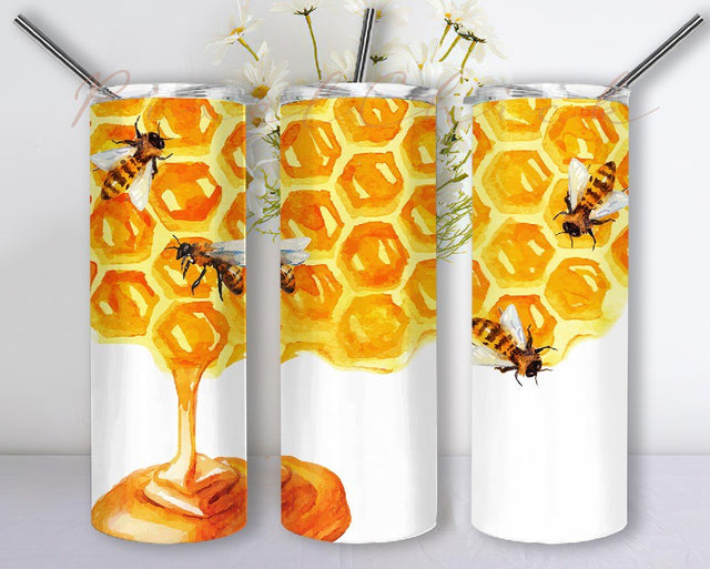 Honeycomb Bee Drips Sublimation Designs Skinny Tumbler 20 oz Design, Honey Bee Sunflowers 20oz Skinny Tumbler Wraps Templates Sublimation PixelChick 