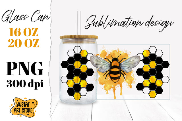 Honeycomb & Bee Glass Can Sublimation Design Sublimation Yustaf Art Store 