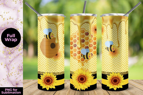 Honeycomb Bees Sunflower 20oz Skinny Tumbler Wrap Template for Sublimation Sublimation Sublimatiz Designs 