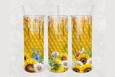 Honeycomb Sunflowers Drip Glitter Tumbler sublimation design 20 oz skinny tumbler wrap Sublimation BambinaCreations 