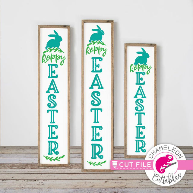 Hoppy Easter Porch Sign File - Bunny - vertical SVG file for long front door sign (3 sizes) SVG Chameleon Cuttables 