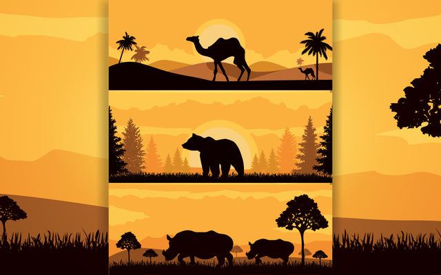 Horizontal abstract Sunset banners of wild Camels, bears, and rhinos in African savanna with trees. SVG naemmiah021 