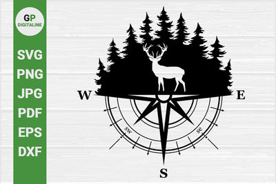 Horned Deer SVG, Compass SVG, Elk SVG, Forest SVG, Woods SVG, Pine Trees SVG, Wilderness SVG, Wildlife SVG, Woodland Animal SVG, Hunting SVG, Outdoor SVG, Nature SVG SVG GPDigitaline 