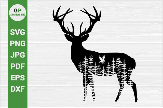Horned Deer SVG, Eagle Flying SVG, Bird of Prey SVG, Elk SVG, Forest SVG, Woods SVG, Pine Trees SVG, Wildlife SVG, Woodland Animals SVG, Wilderness SVG, Outdoor SVG, Nature SVG SVG GPDigitaline 