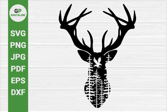 Horned Deer SVG, Eagle SVG, Bird of Prey SVG, Elk SVG, Forest SVG, Woods SVG, Pine Trees SVG, Horns SVG, Antlers SVG, Wilderness SVG, Wildlife SVG, Woodland Animals SVG, Nature SVG, Outdoor SVG SVG GPDigitaline 