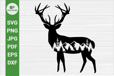 Horned Deer SVG, Forest SVG, Mountain SVG, Woods SVG, Pine Trees SVG, Elk SVG, Hills SVG, Antlers SVG, Woodland Animal SVG, Wilderness SVG, Wildlife SVG, Outdoor SVG, Nature SVG SVG GPDigitaline 