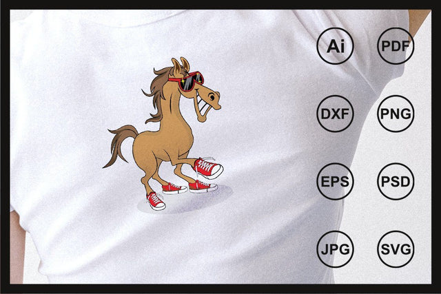 Horse cartoon smiling wearing sunglass and shoes character illustration SVG Leamsign Studio 