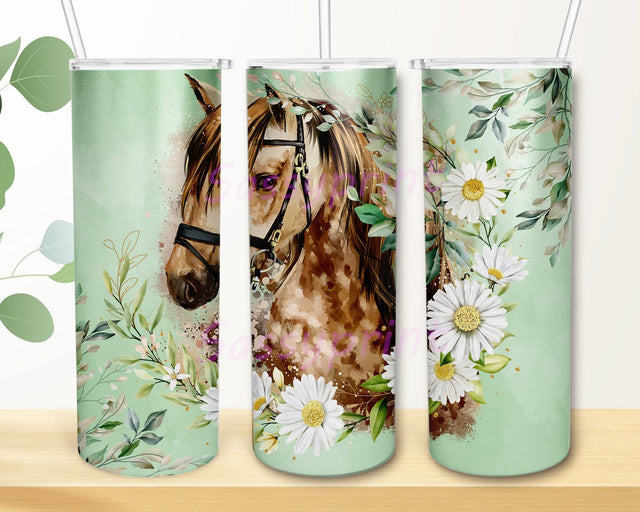Horse Flower 20oz Tumbler Template, Daisy Tumbler Design, Watercolor Horse Design Png, Horse Tumbler With Lid And Straw, Digital Download Sublimation sassyprint 