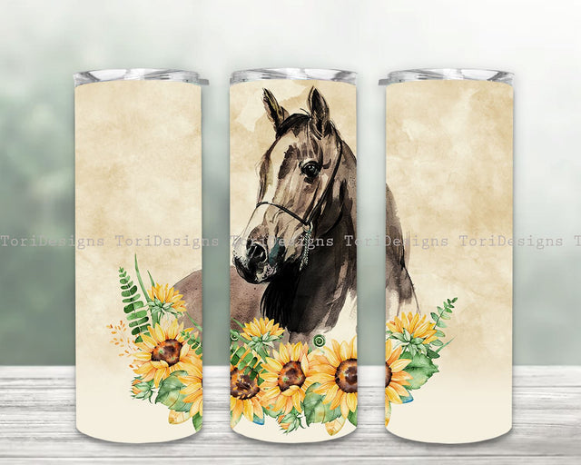 Horse Flower Tumbler Designs, Horse 20 oz skinny tumbler Watercolor Horse Tumbler Png, Floral Sunflower Horse Tumbler Wrap Sublimation ToriDesigns 