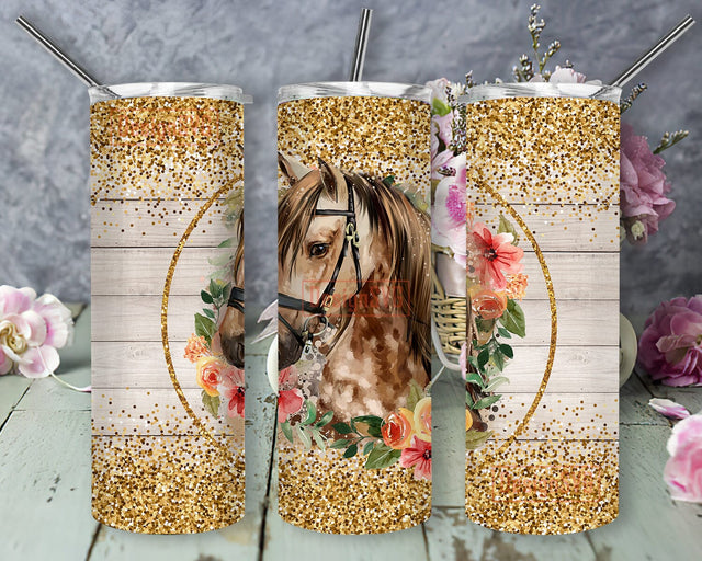 Horse Flower Tumbler Png, Horse Tumbler Design, Gold Glitter Tumbler Wrap, Horse Tumbler Template, Horse Lovers Gift, Digital Download Sublimation DesignSVG 