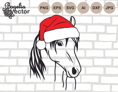 Horse Santa Hat Svg, Christmas Svg, Christmas Cut file, Horse with Hat, Horse Svg, Horse Cut file, Christmas Animals, Shirt Svg, Print Png SVG BogeliaVector 