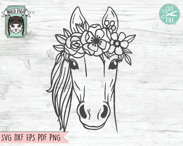 Horse SVG File, Horse With Flower Crown SVG Cut File, Horse Cut File, Animal Face SVG, Floral Crown SVG, Horse With Flowers On Head SVG, Cute Horse Face SVG SVG Wild Pilot 